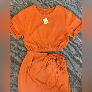 Free People Rae Dress Short Sleeve Side Cutout Wrap Skirt-Dress Rust Medium